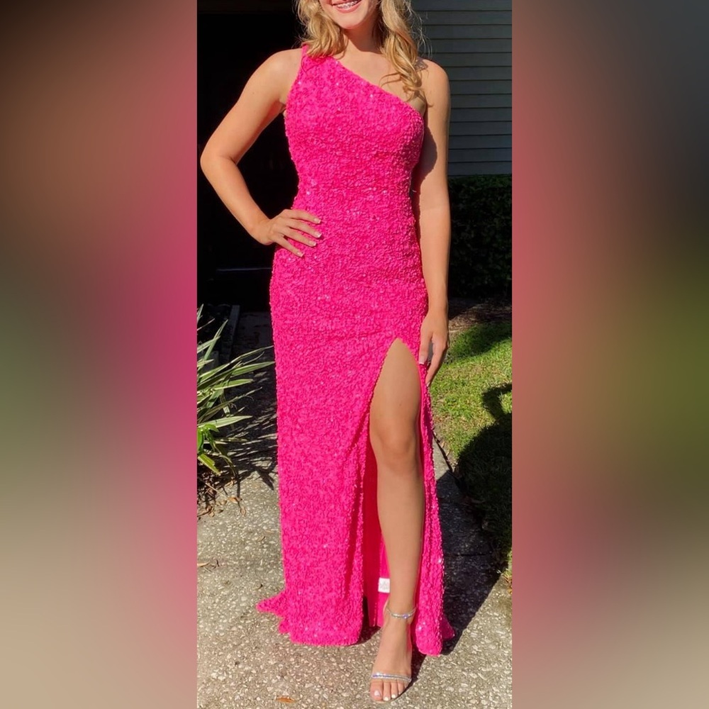 Sherri Hill - 54330 One Shoulder High Slit Sequin Dress Neon Pink Size 0/2